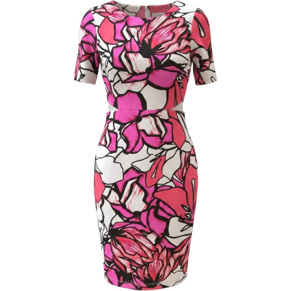 Bisou Bisou Floral Midi Dress Pink Black White Size 12 NWT Statement Print